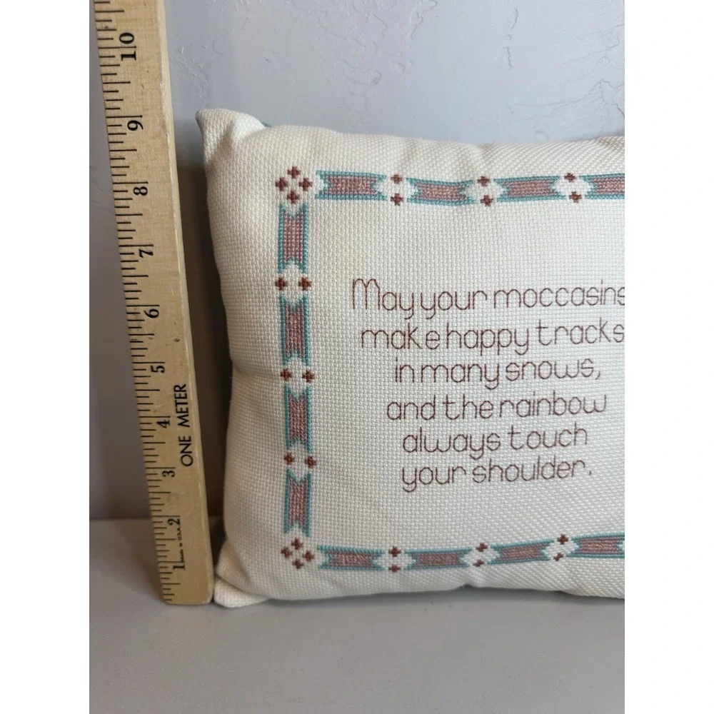 Vintage Cross Stitch Pillow Native American Blessing Moccasins Sampler Cushion